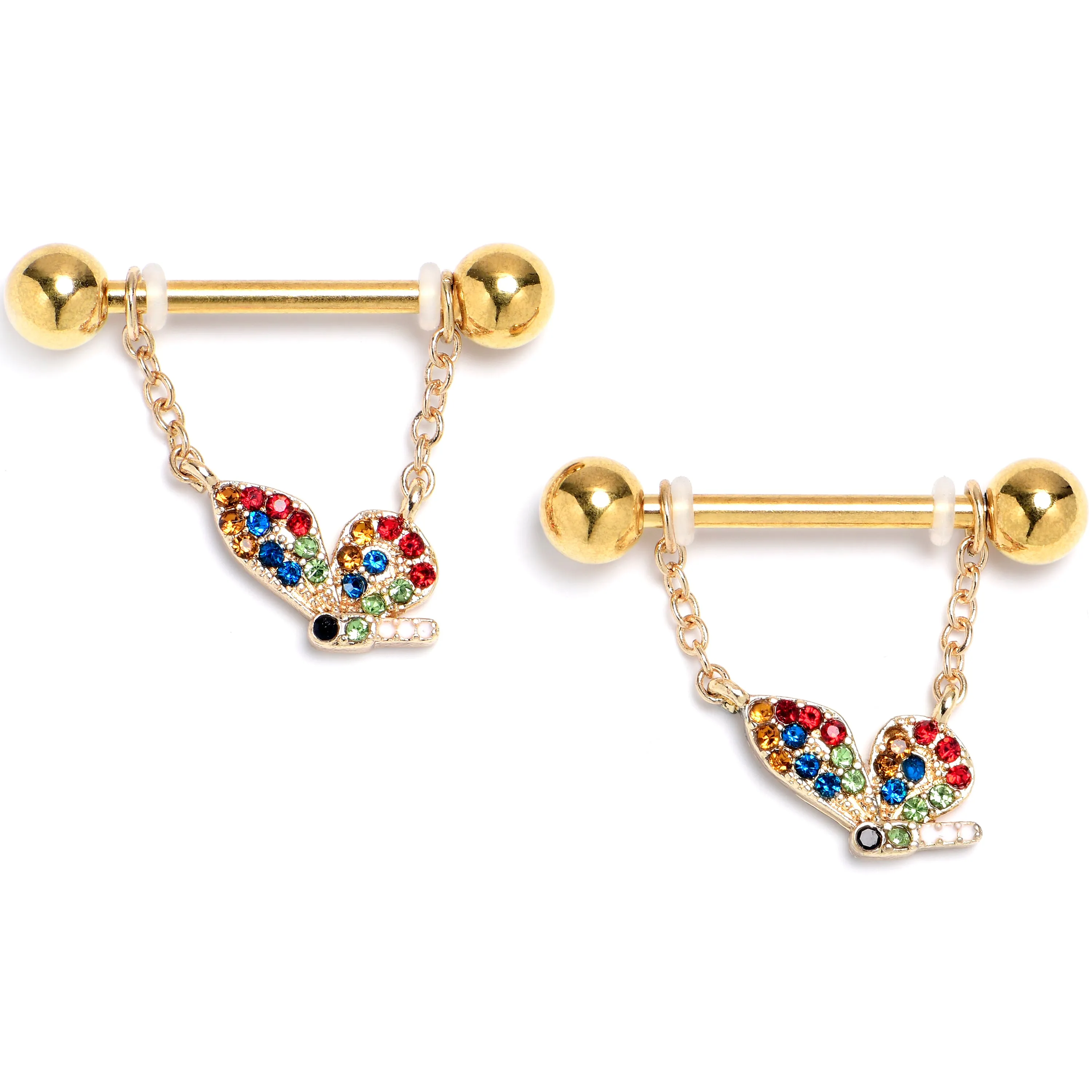 14 Gauge 9/16 Red Blue Gem Gold Tone Butterfly Dangle Nipple Ring Set