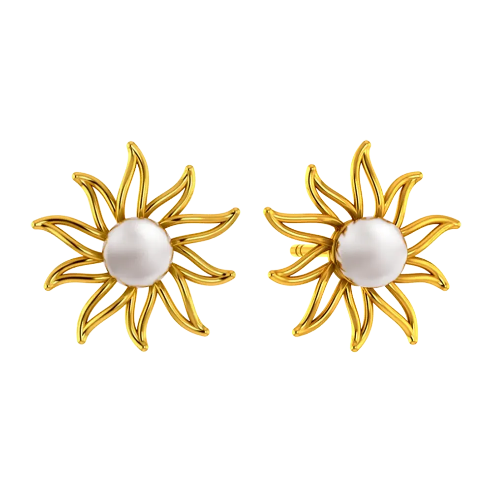 14k Gold Earrings In The Shape Of A Sun With Pearl Design