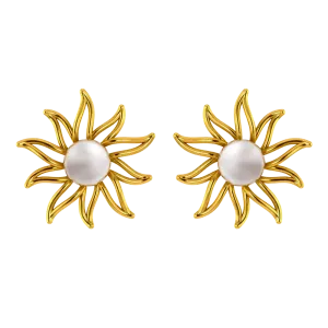 14k Gold Earrings In The Shape Of A Sun With Pearl Design