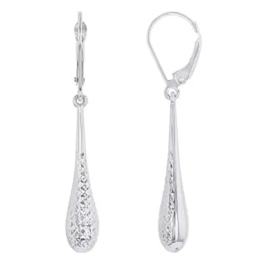 14k White Gold Textured Teardrop Dangle Drop Earrings