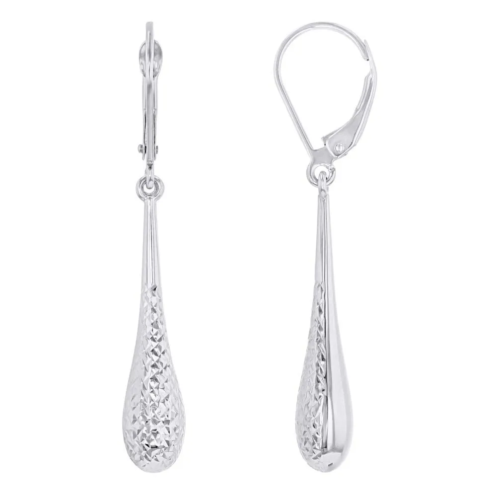 14k White Gold Textured Teardrop Dangle Drop Earrings