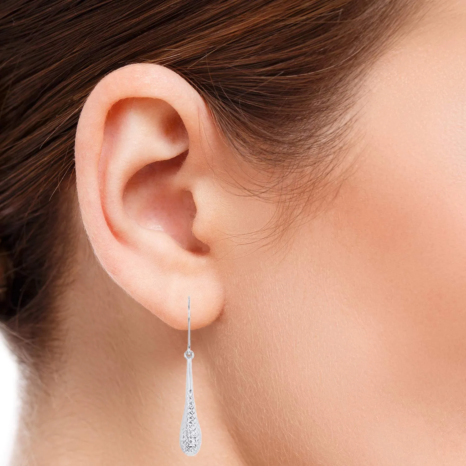 14k White Gold Textured Teardrop Dangle Drop Earrings