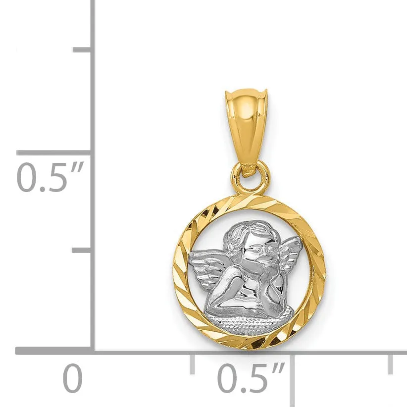 14K Yellow Gold White Rhodium Polished D.C Finish Angle Cherub Pendant