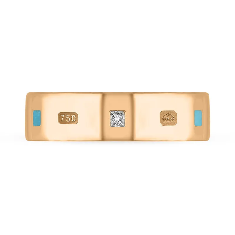 18ct Rose Gold Turquoise 0.18ct Diamond Queen's Jubilee Hallmark Princess Cut 6mm Ring