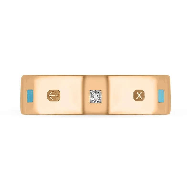18ct Rose Gold Turquoise 0.18ct Diamond Queen's Jubilee Hallmark Princess Cut 6mm Ring