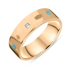18ct Rose Gold Turquoise 0.18ct Diamond Queen's Jubilee Hallmark Princess Cut 6mm Ring