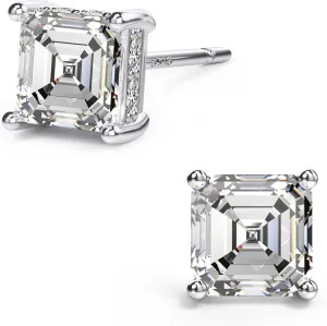 18K White Gold Plated Sterling Silver Asscher Cut Cubic Zirconia Stud Earrings for Women Men | Square CZ Stud Earrings Simulated Diamond Earrings Studs