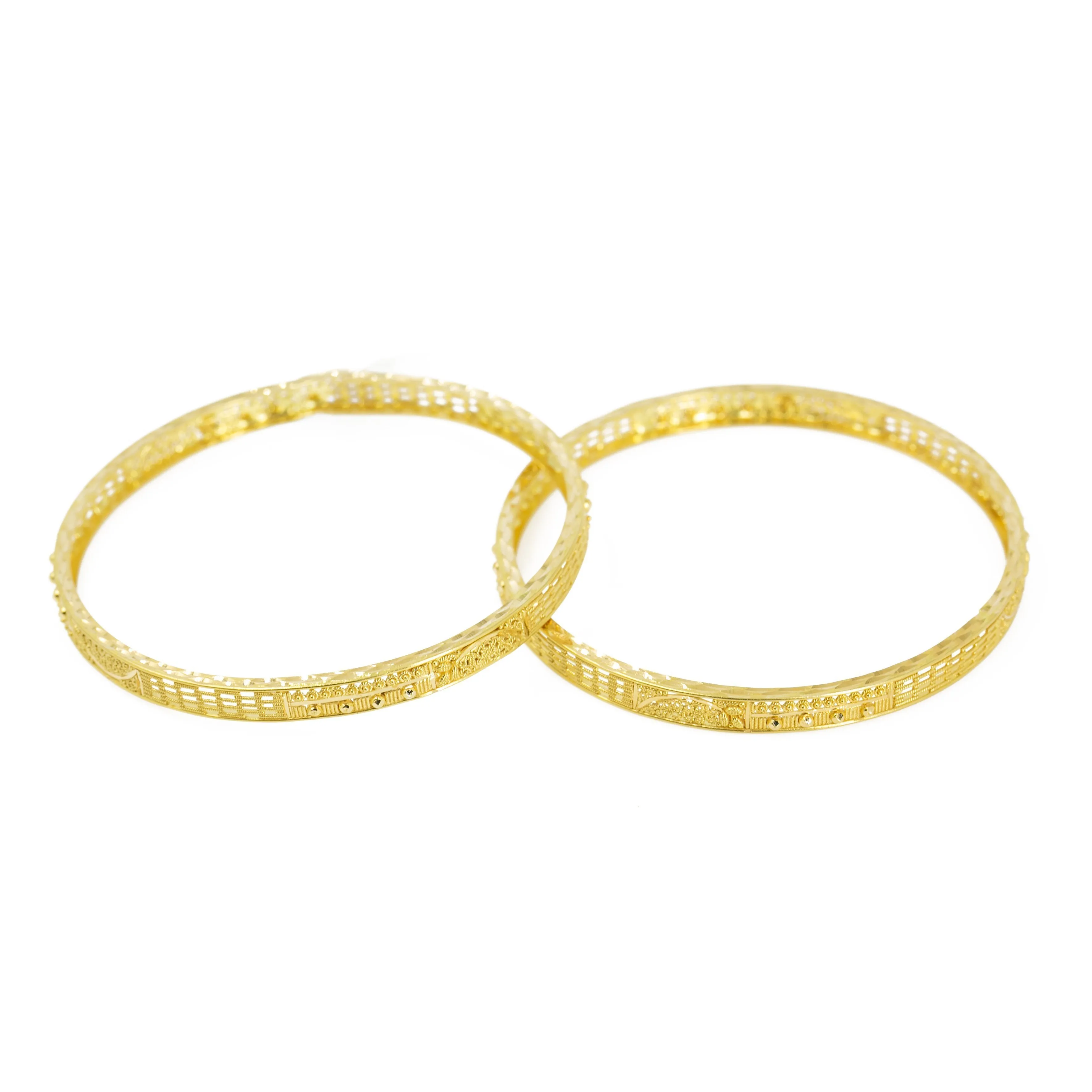 22K Yellow Gold Bangles Set of 2 W/ Intricate Textured Pattern