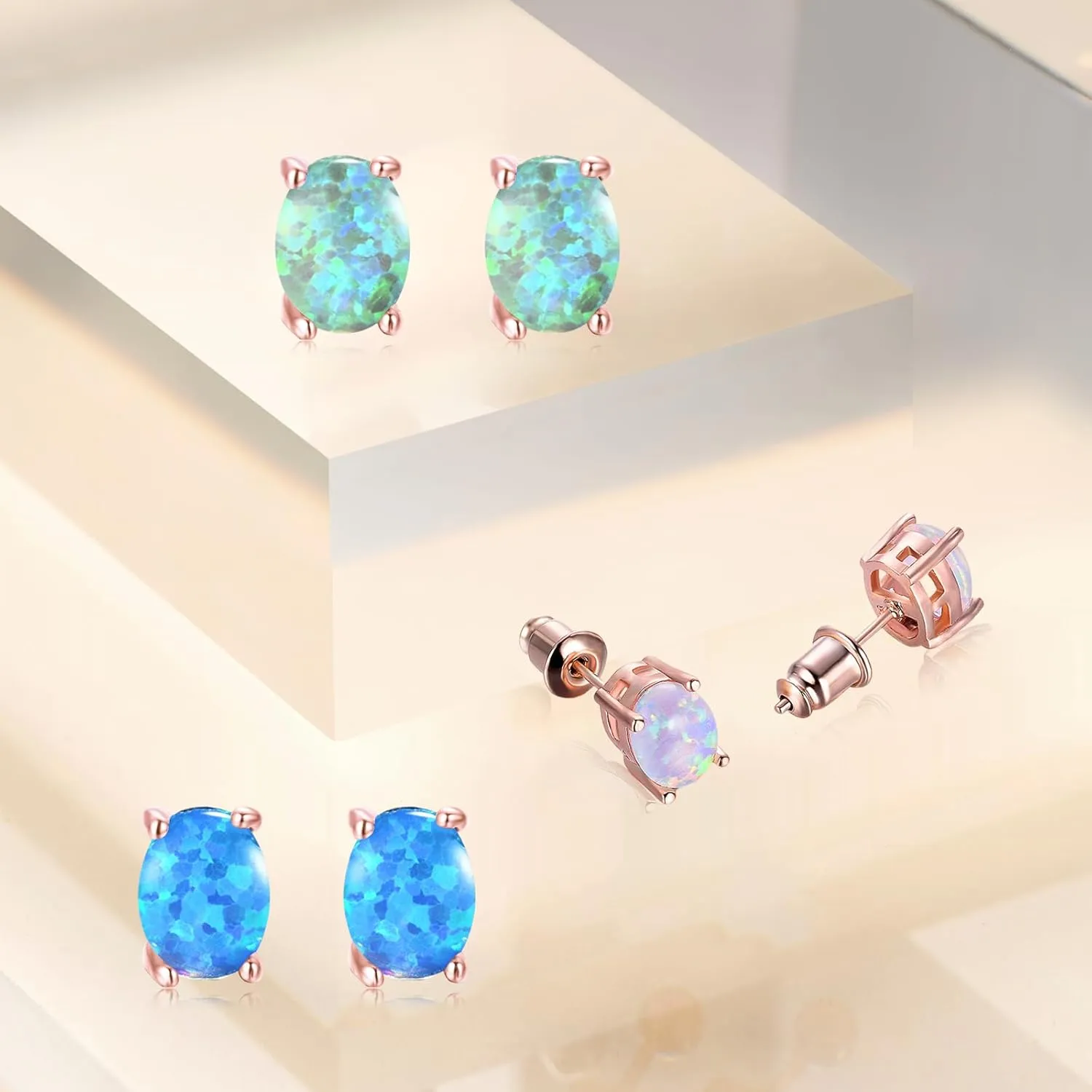 3 Pack Set Opal Stud Earrings for Women Hypoallergenic 18K Gold Plated Opal Earrings Jewelry for Mother's Day