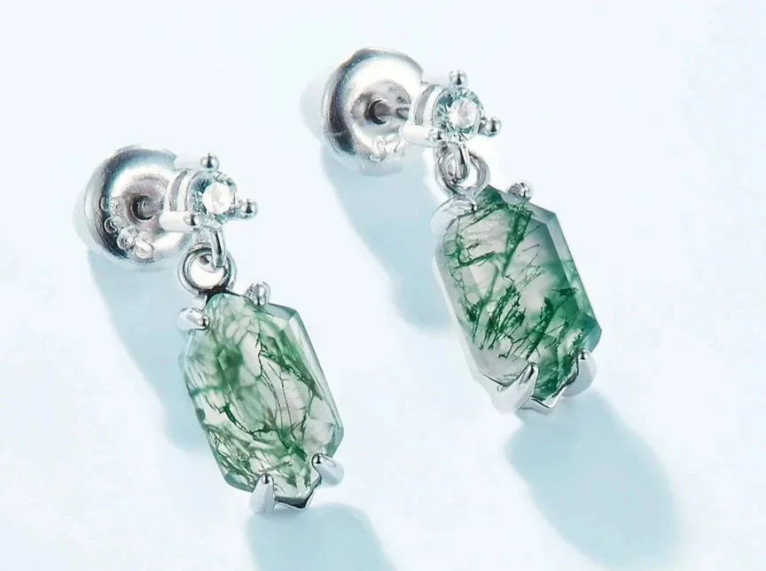 925 Silver Moss Agate Earrings