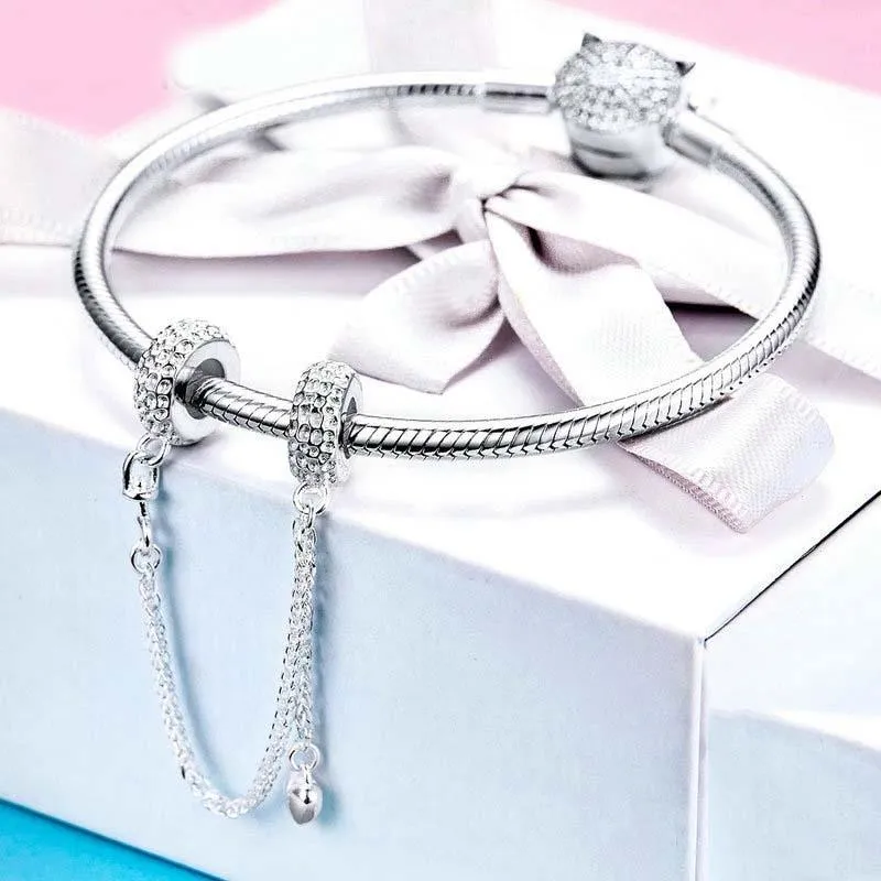 925 Sterling Silver Love Heart Safety Chain Charm For Bracelets