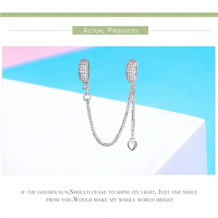 925 Sterling Silver Love Heart Safety Chain Charm For Bracelets