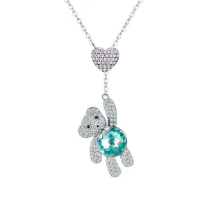925 Sterling Silver Pink CZ Heart And Cute Bear Animal Pendant Necklaces for Women Silver Jewelry Gift