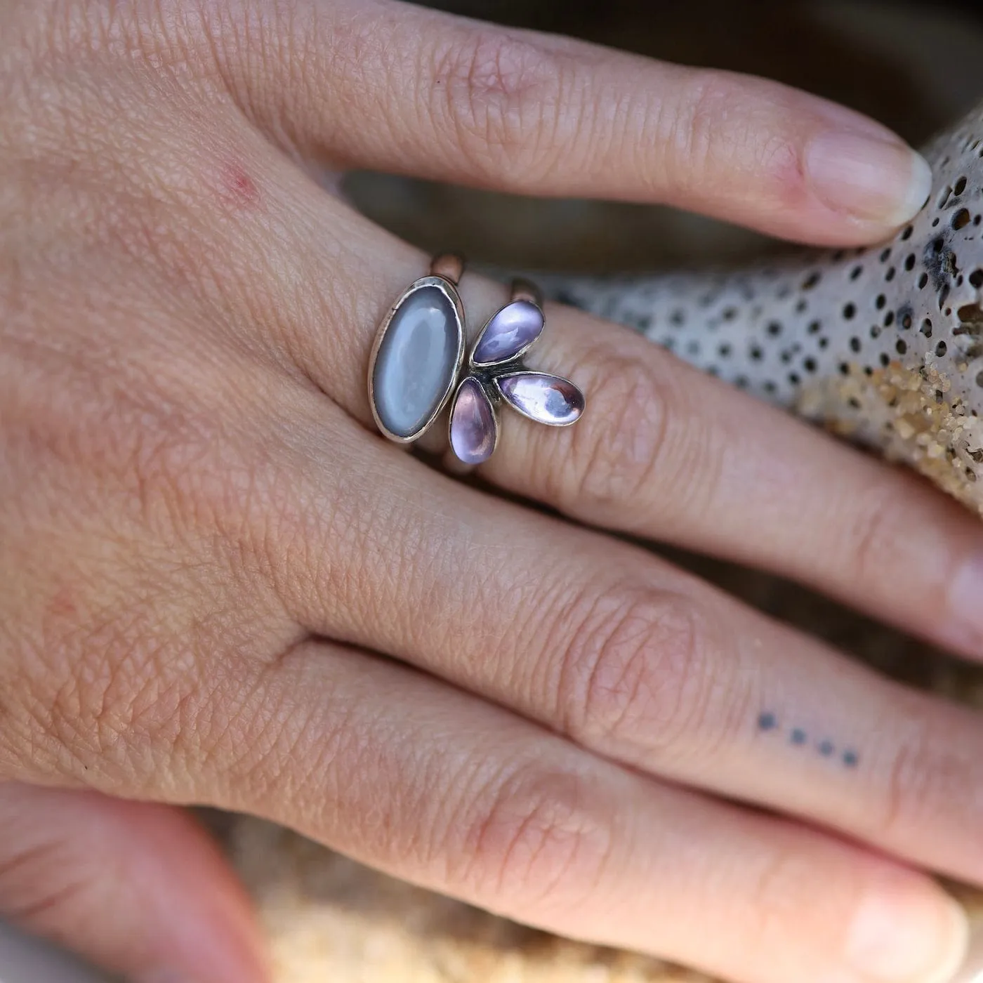 Amethyst Glowing Lotus Blossom Ring  - Sterling Silver