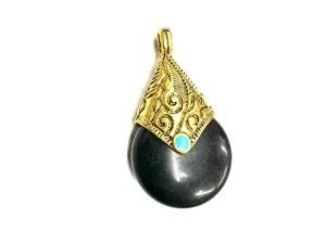 Black Circular Stone Pendant with Golden Cap