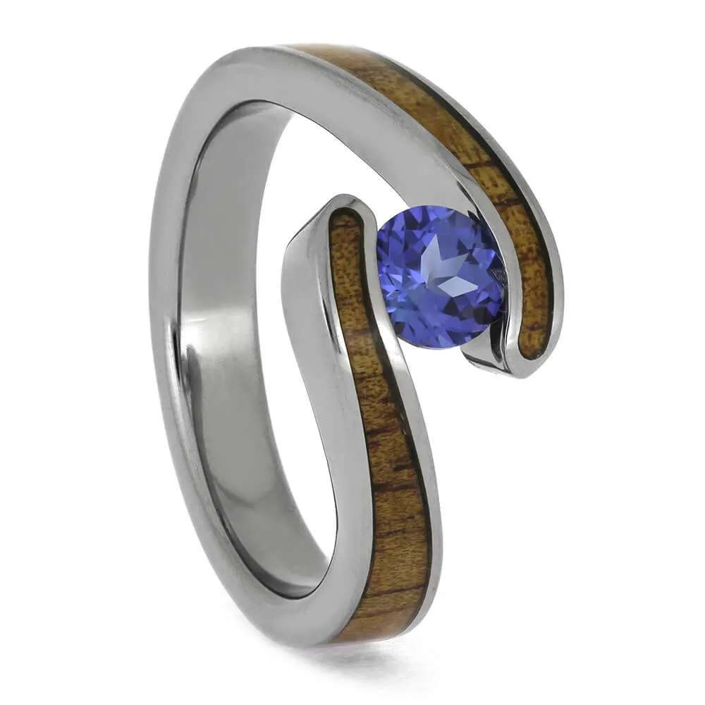 Brilliant Blue Sapphire Set in Titanium with Wood Accents