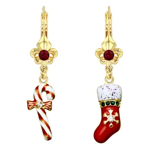 Candy Cane Christmas Stockings  Leverback Earrings Ritzy Couture DeLuxe 22k Gold Plated