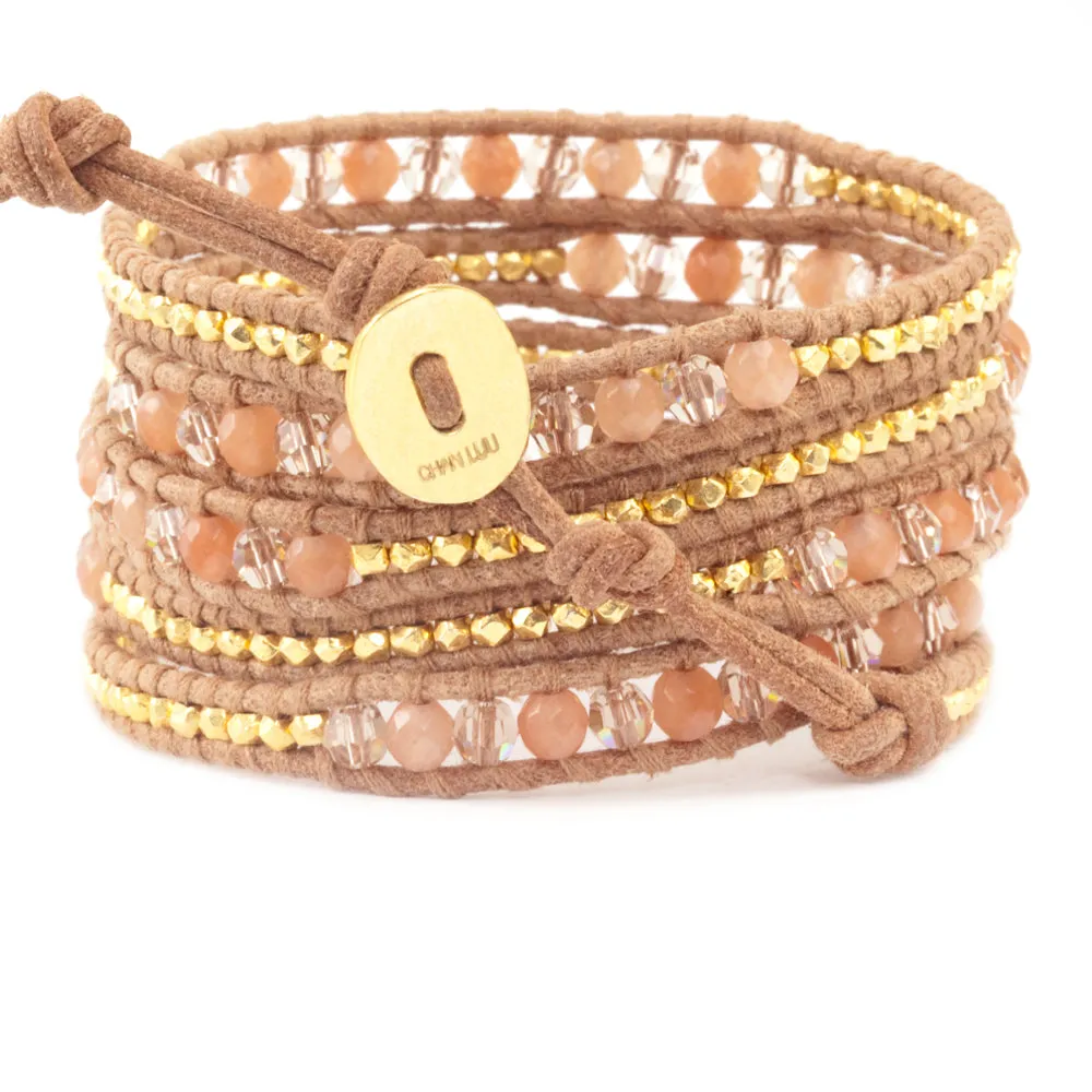 Chan Luu Peach Aventurine Mix Wrap Bracelet on Beige Leather