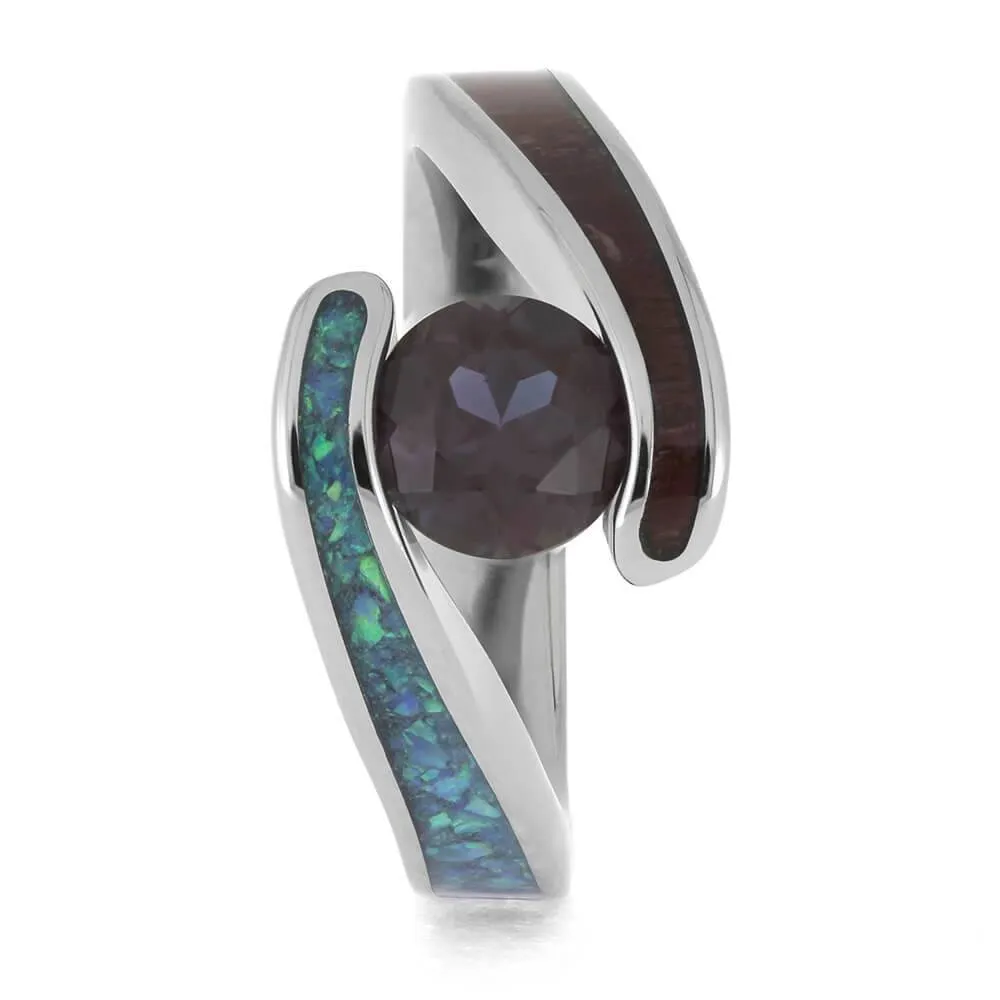 Colorful Engagement Ring with Wood, Opal, and Alexandrite