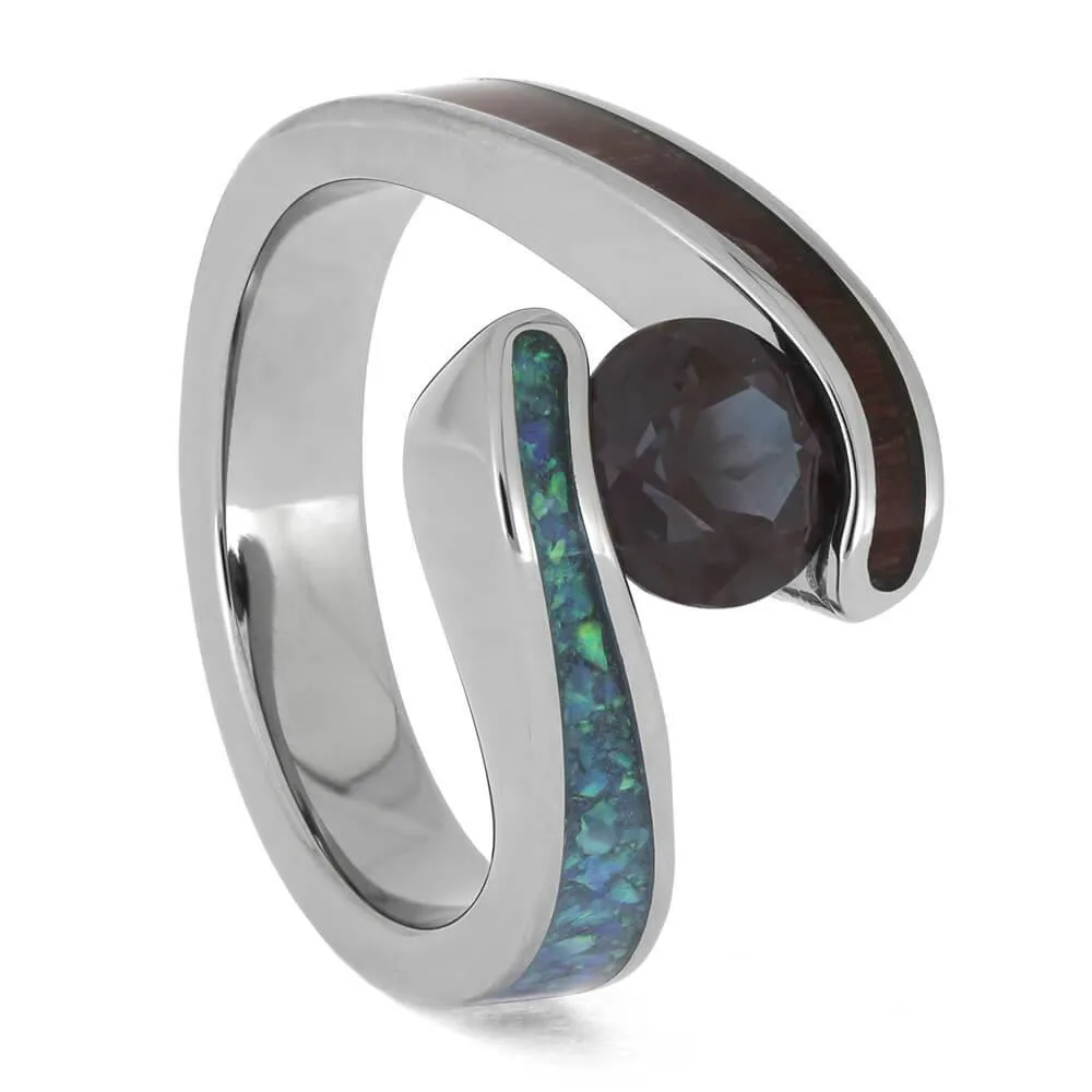 Colorful Engagement Ring with Wood, Opal, and Alexandrite