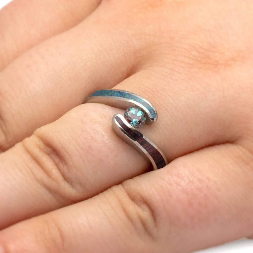 Colorful Engagement Ring with Wood, Opal, and Alexandrite