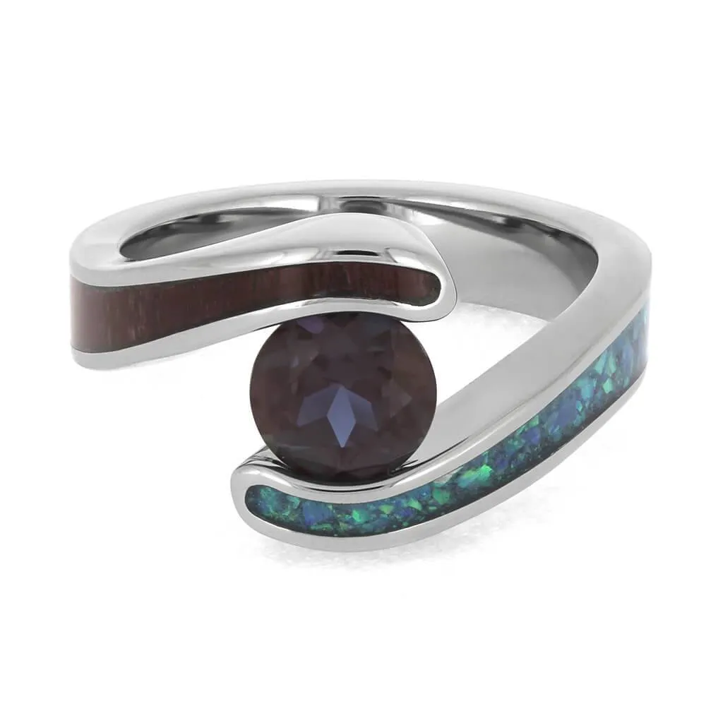 Colorful Engagement Ring with Wood, Opal, and Alexandrite