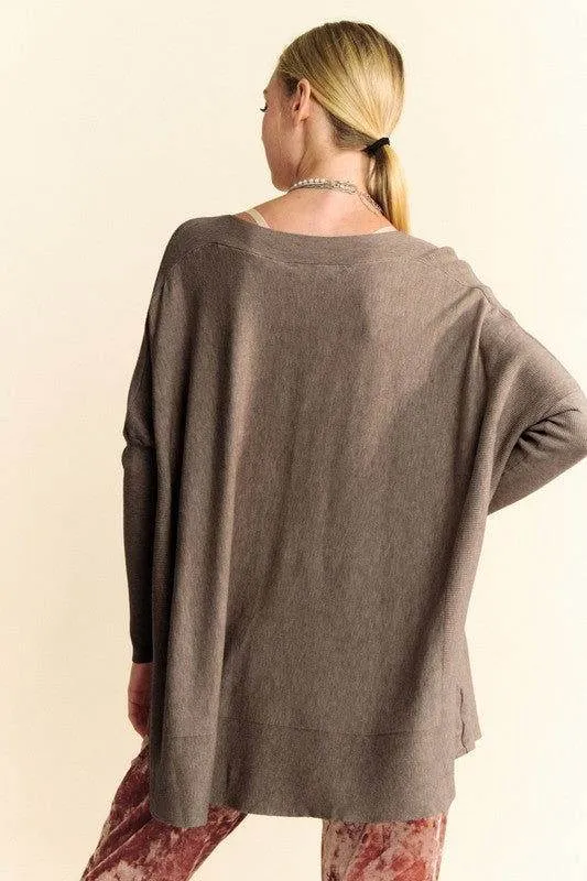 Davi & Dani Round Neck Dropped Shoulder Long Sleeve Knit Top In Brown