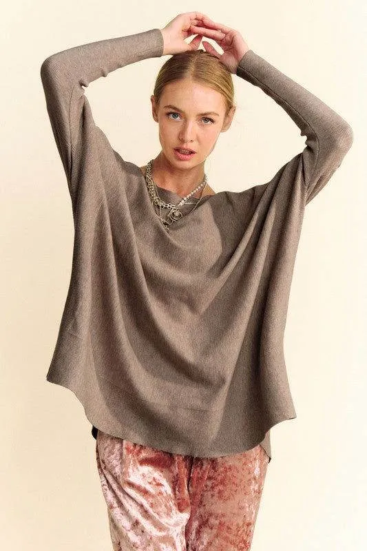 Davi & Dani Round Neck Dropped Shoulder Long Sleeve Knit Top In Brown