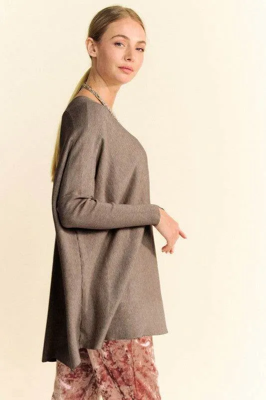 Davi & Dani Round Neck Dropped Shoulder Long Sleeve Knit Top In Brown