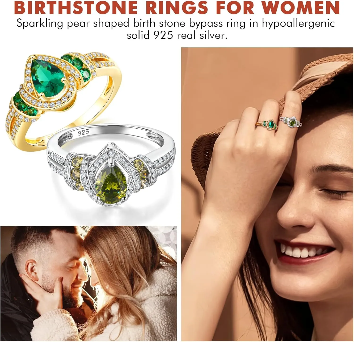 DAYBYDAY Pear Birthstone Rings for Women 925 Sterling Silver Created Gemstome Pear Shaped Engagement Ring Split Shank Anniversary Wedding Rings for Women Size 6-10