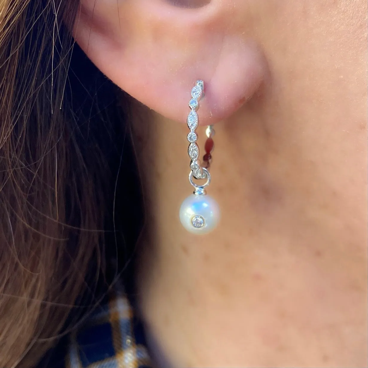 Diamond and Cultured Pearl Hoop Earrings
