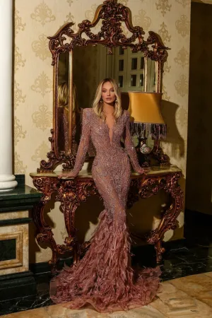 Emerald Elegant Feather Touch Purple Evening Dress