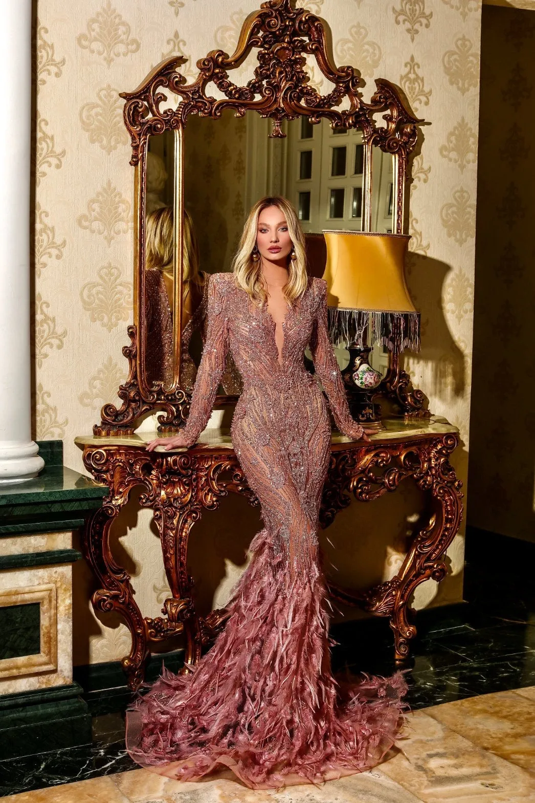 Emerald Elegant Feather Touch Purple Evening Dress