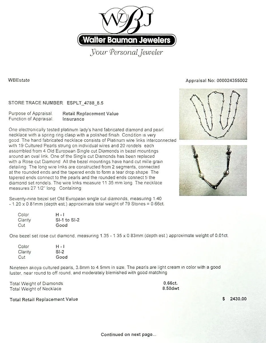 Estate Platinum 0.66ctw Diamond & Pearl Station Necklace