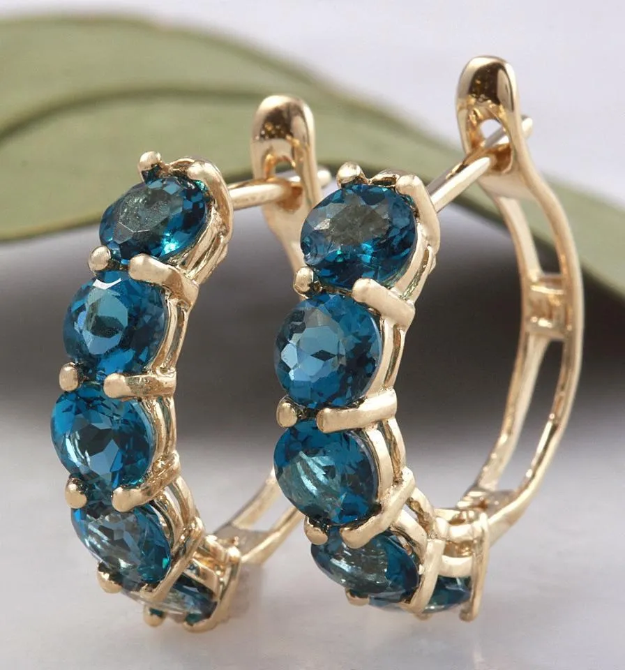 Exquisite Top Quality 2.60 Carats Natural London Blue Topaz 14K Solid Yellow Gold Huggie Earrings