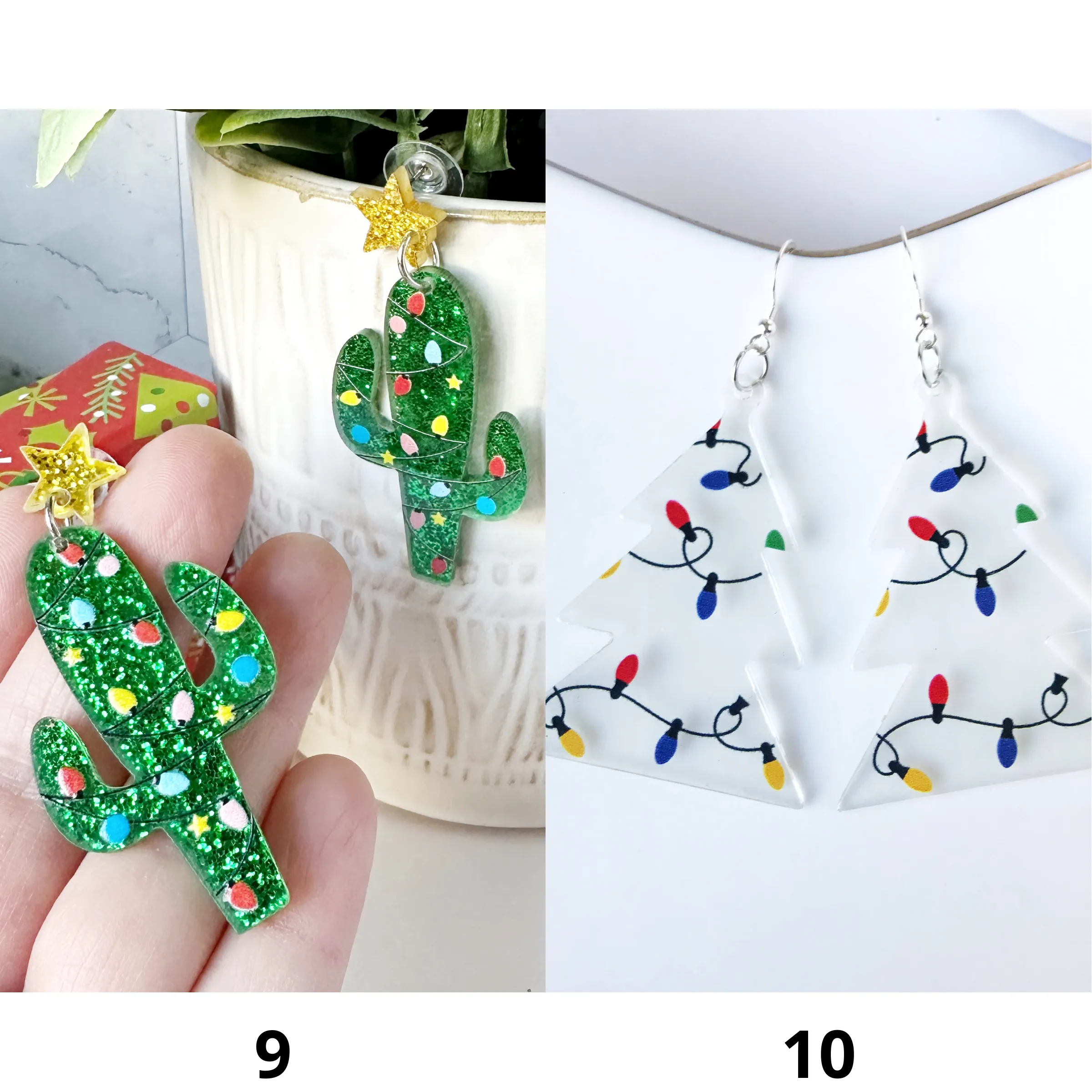 Festive Christmas Earrings --  Christmas Tree, Cats, Dinosaurs, Cactus