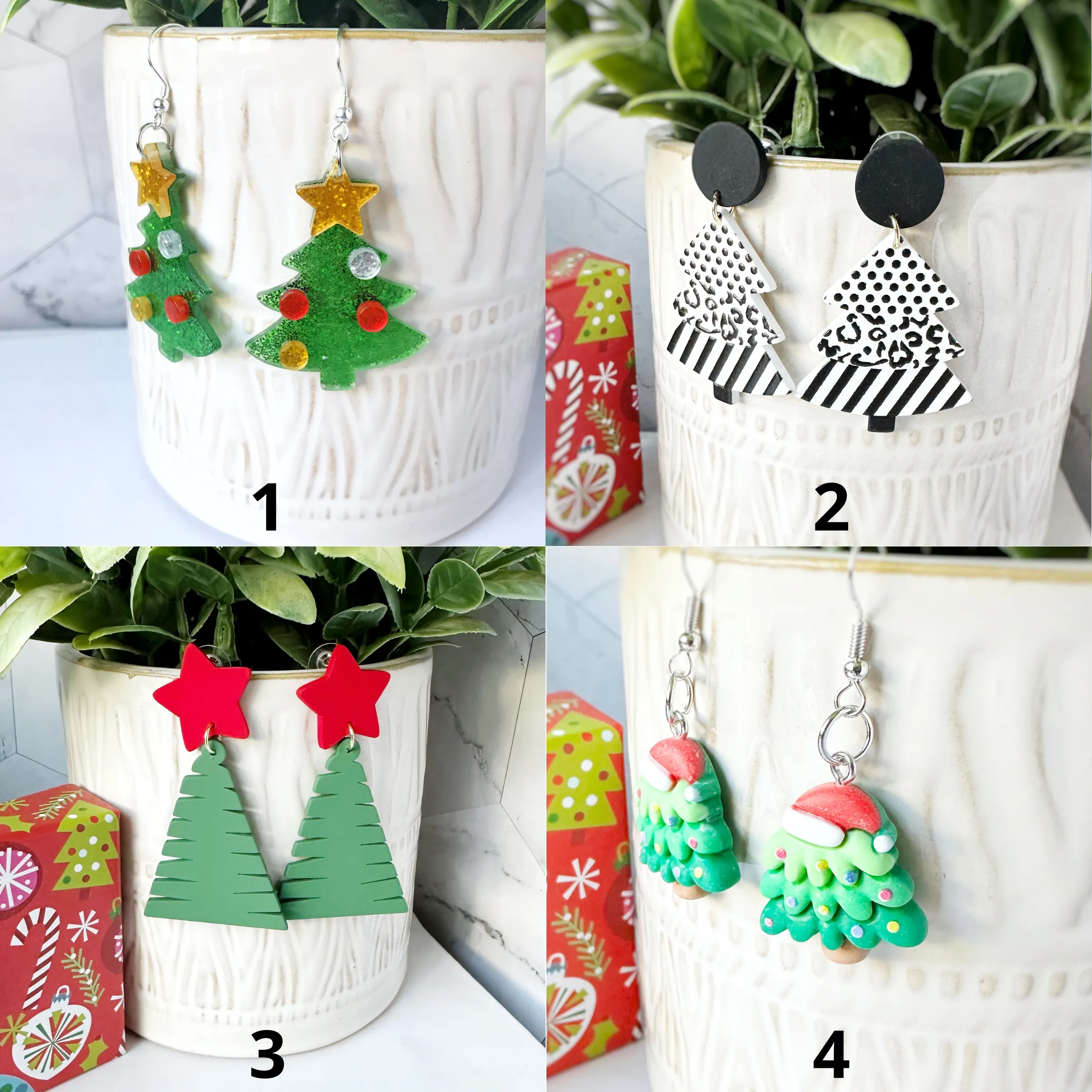 Festive Christmas Earrings --  Christmas Tree, Cats, Dinosaurs, Cactus