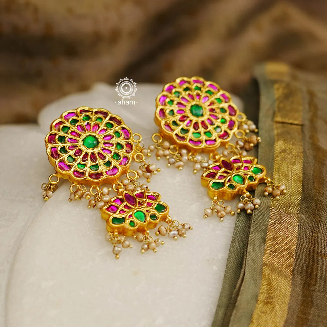 Festive Floral Gold Polish Silver Earrings