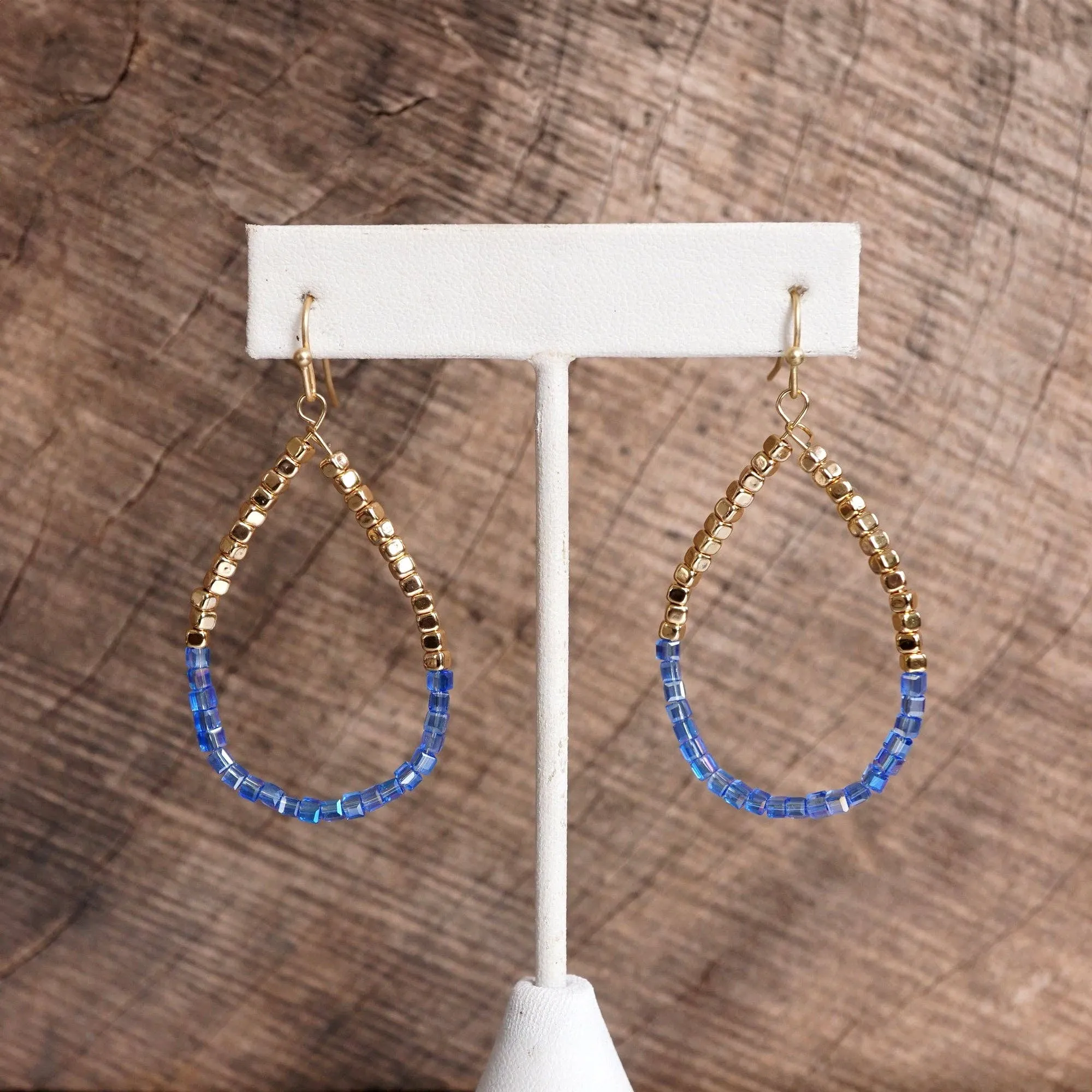 Glass & Gold Beaded Teardrop Earrings - Gold, Purple, Blue, Neutral