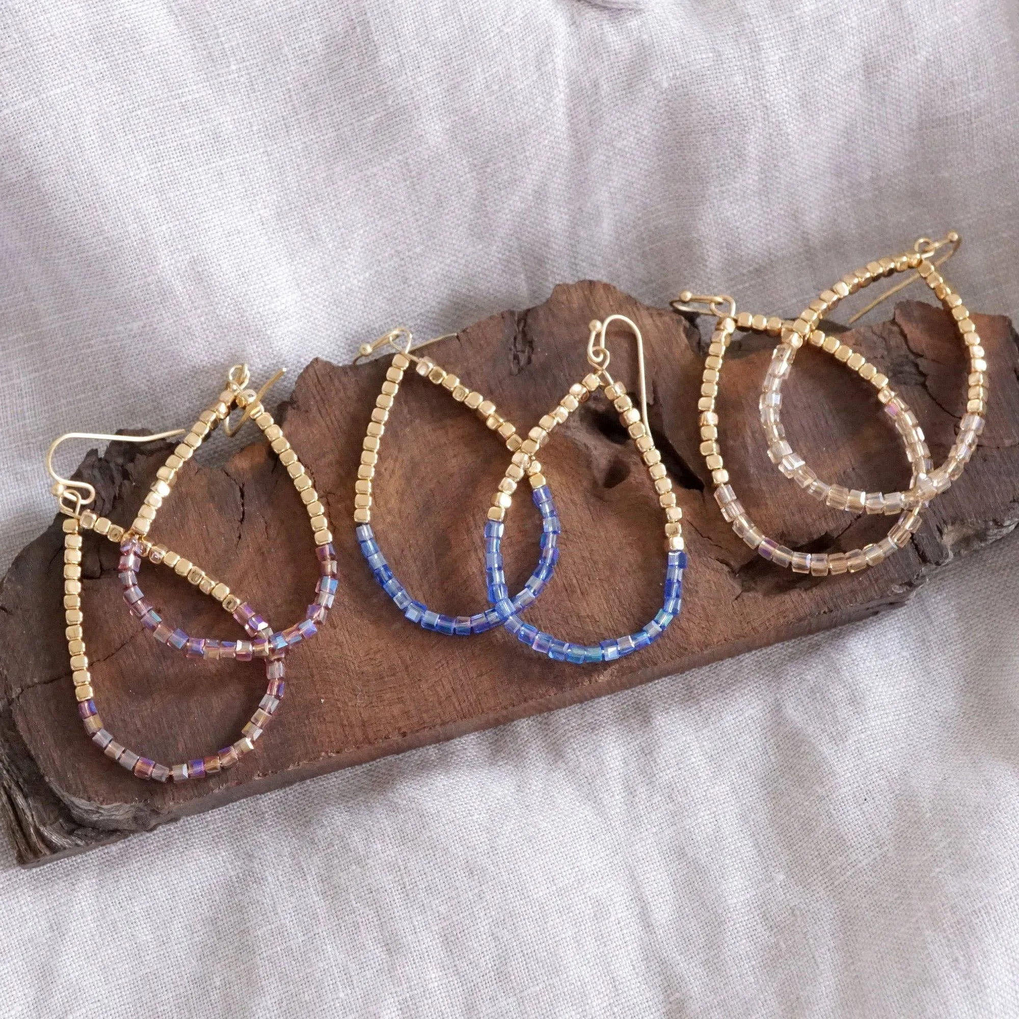 Glass & Gold Beaded Teardrop Earrings - Gold, Purple, Blue, Neutral