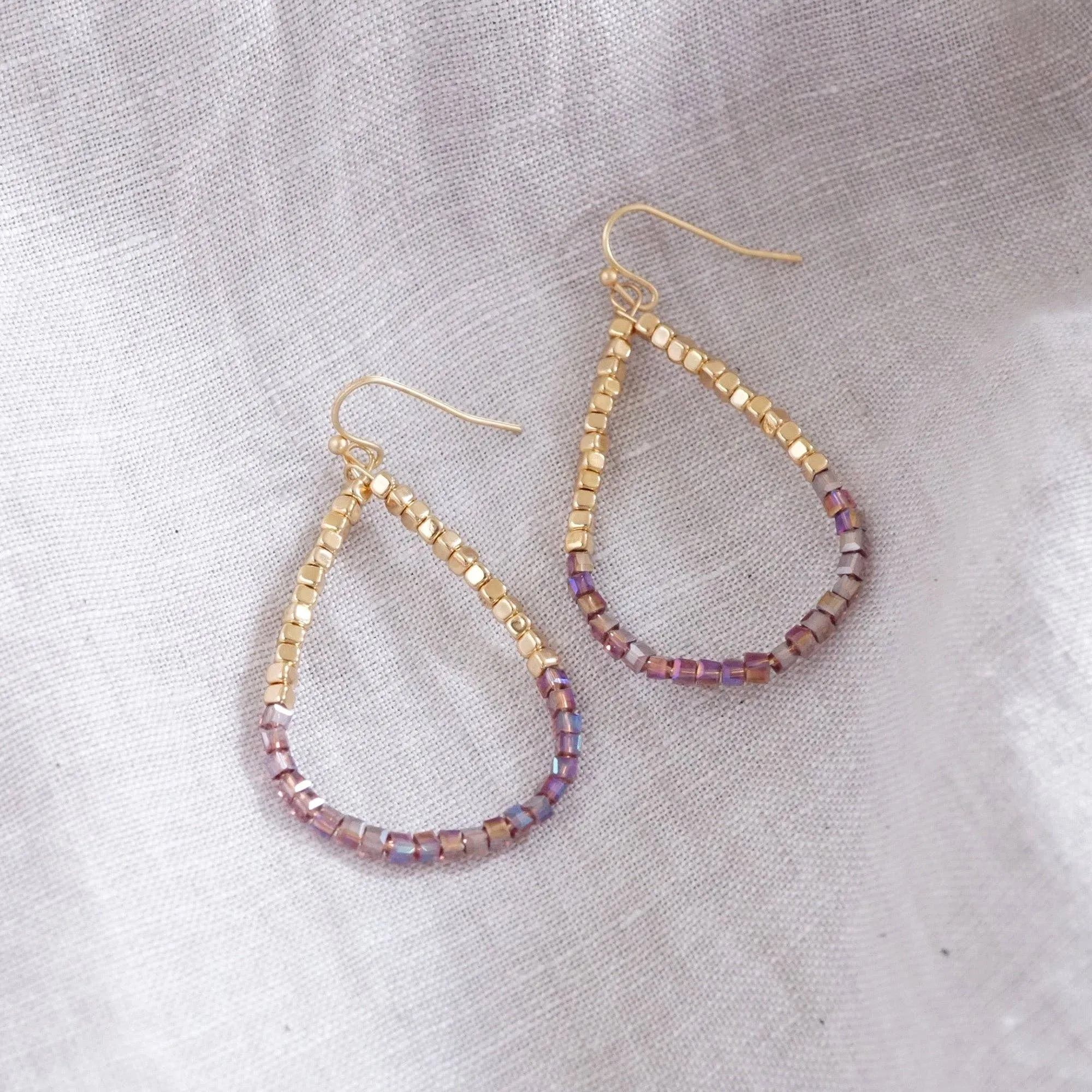Glass & Gold Beaded Teardrop Earrings - Gold, Purple, Blue, Neutral