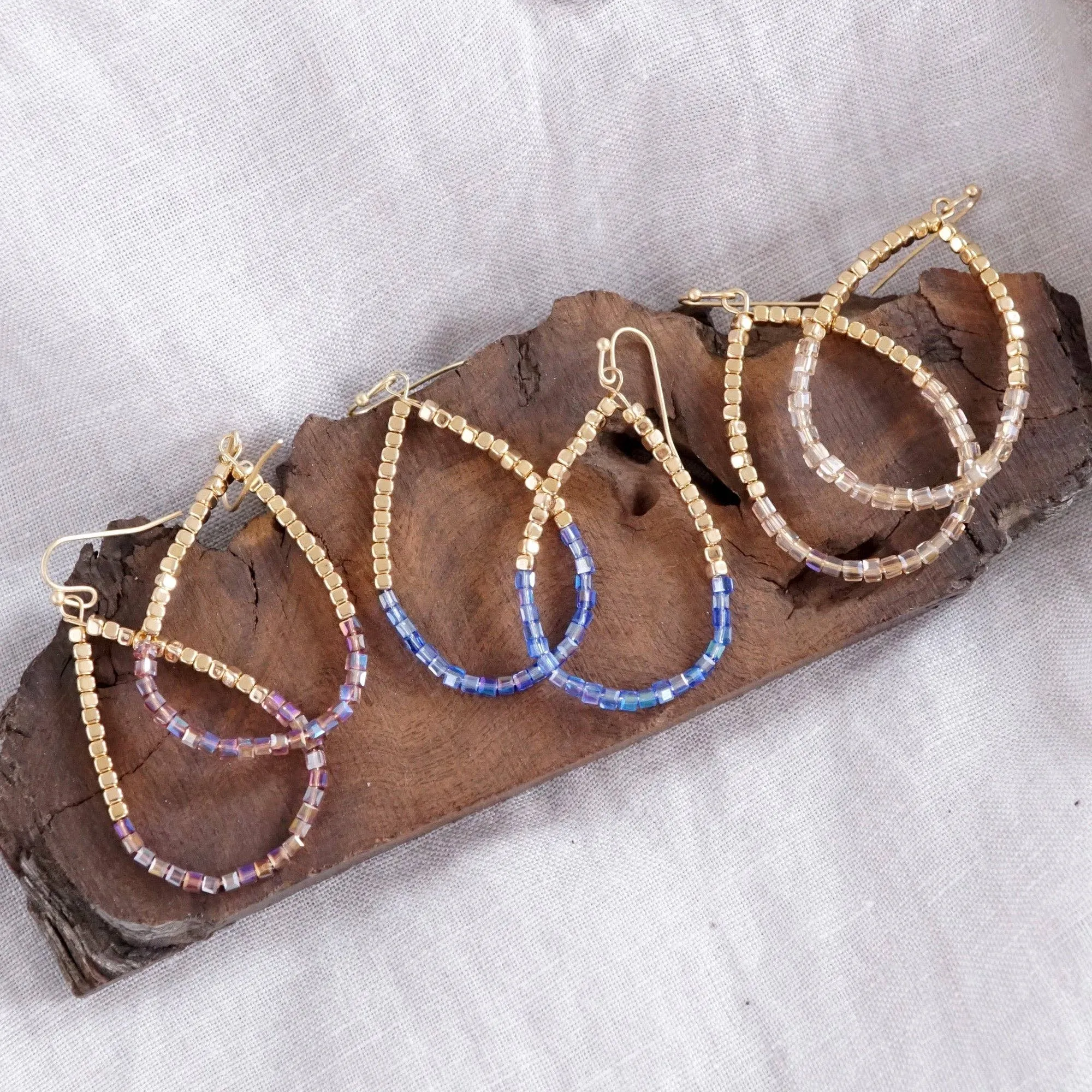 Glass & Gold Beaded Teardrop Earrings - Gold, Purple, Blue, Neutral