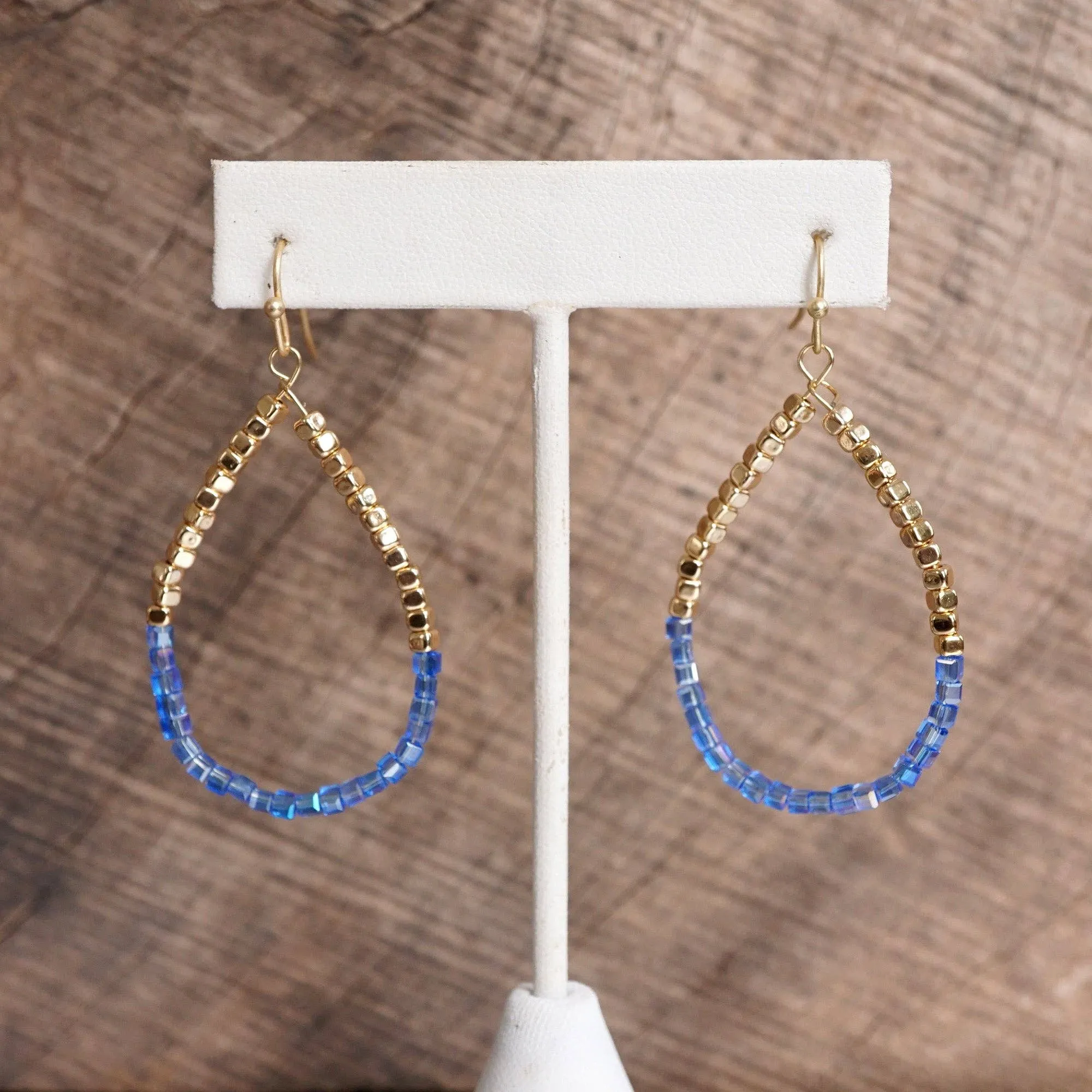 Glass & Gold Beaded Teardrop Earrings - Gold, Purple, Blue, Neutral
