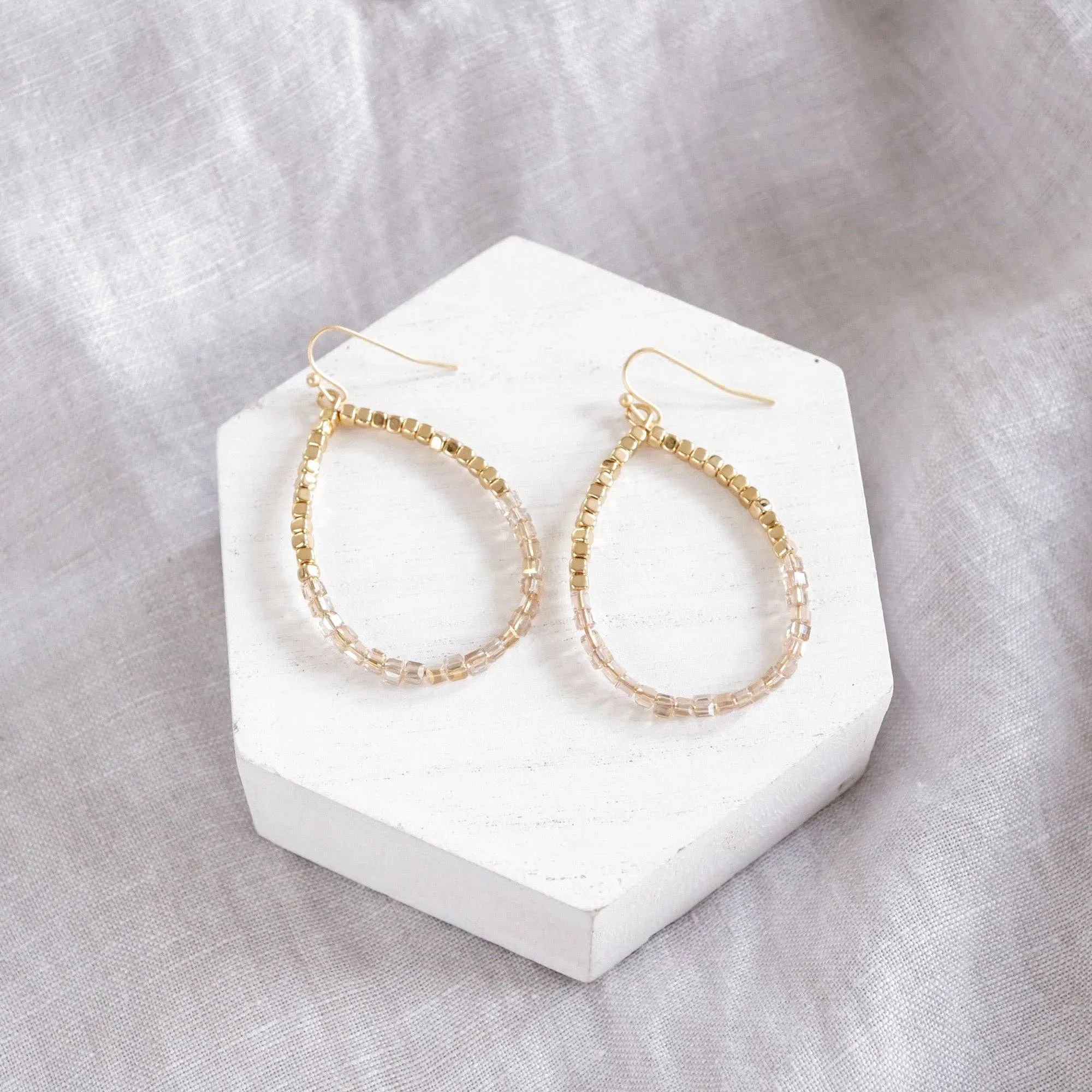 Glass & Gold Beaded Teardrop Earrings - Gold, Purple, Blue, Neutral