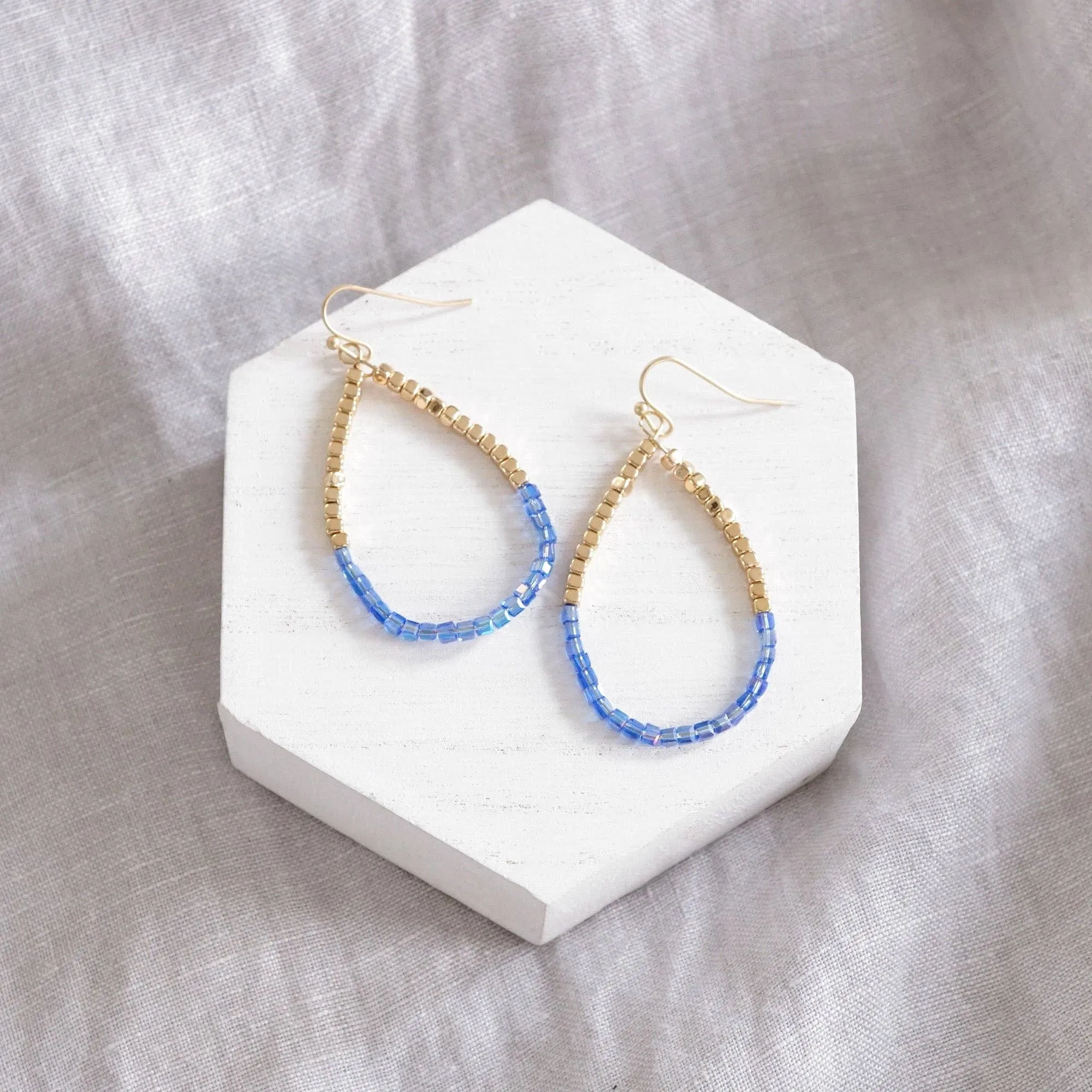 Glass & Gold Beaded Teardrop Earrings - Gold, Purple, Blue, Neutral