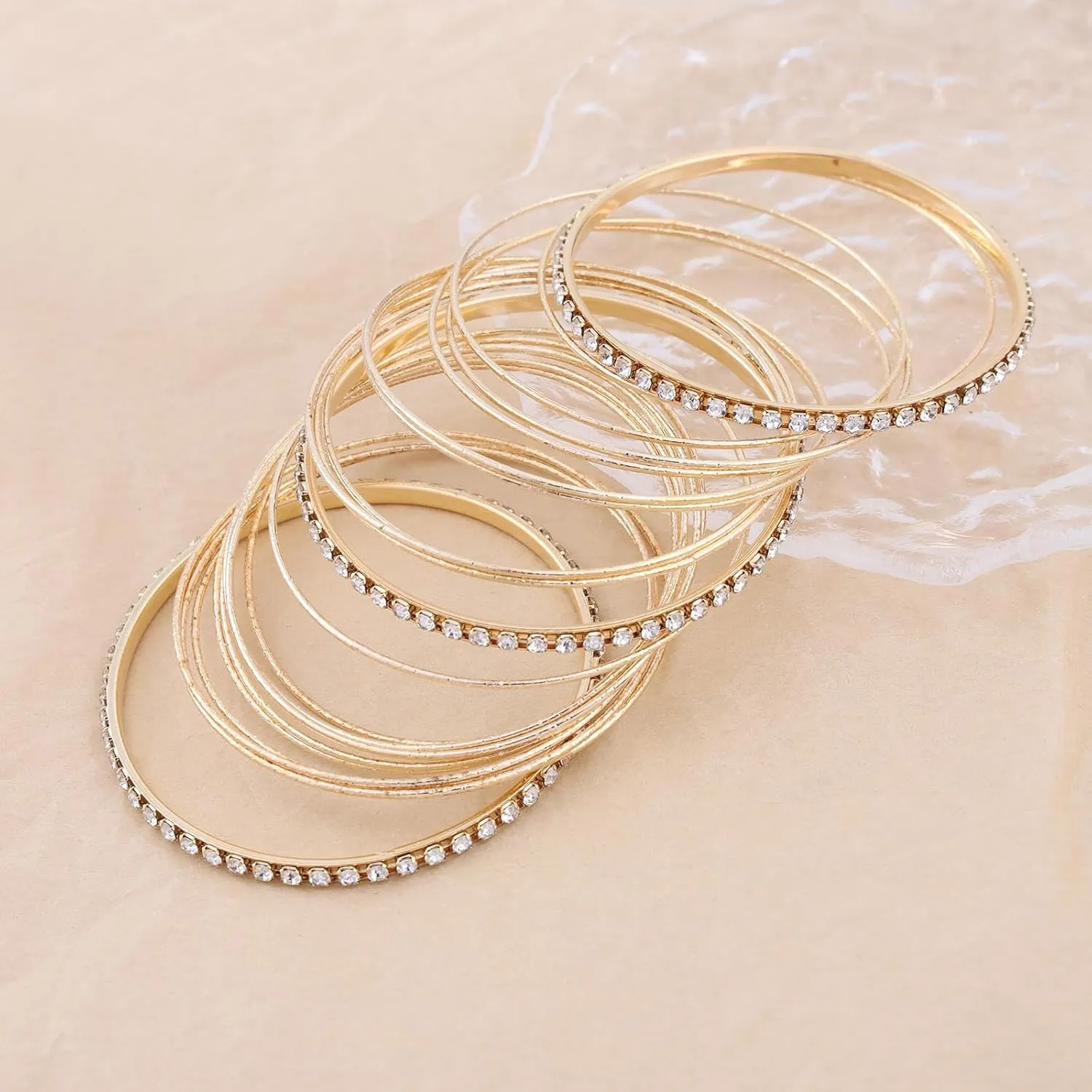 Gold Bangle Bracelet Set Thin Circle Bangle Collection Indian Bollywood Diamond Bangles Metal Texture Rhinestone Tennis Bracelet Wedding Outfit Jewelry for Women (22 Pcs)