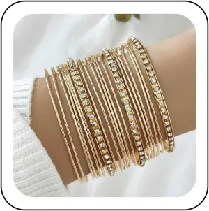 Gold Bangle Bracelet Set Thin Circle Bangle Collection Indian Bollywood Diamond Bangles Metal Texture Rhinestone Tennis Bracelet Wedding Outfit Jewelry for Women (22 Pcs)