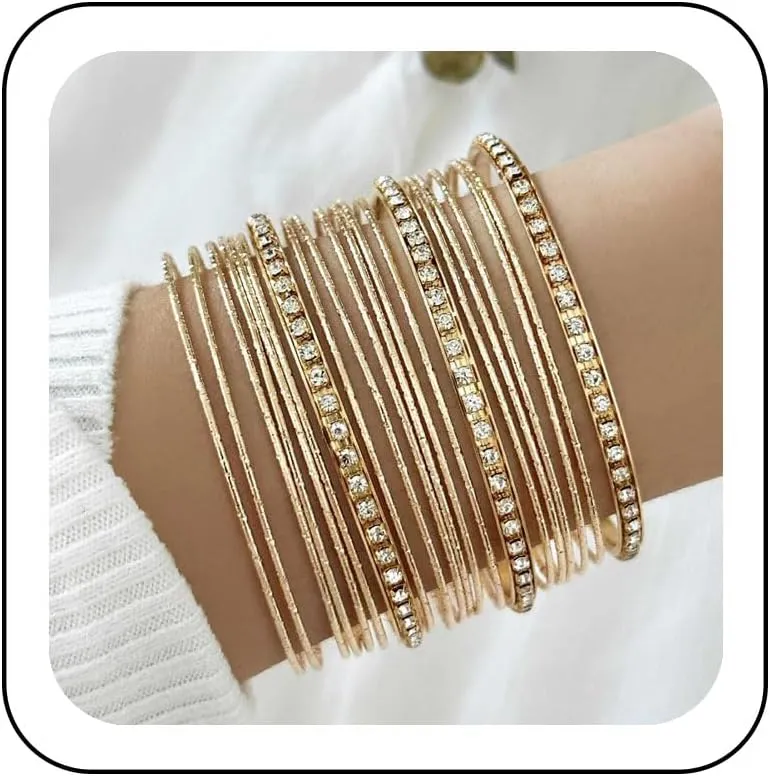 Gold Bangle Bracelet Set Thin Circle Bangle Collection Indian Bollywood Diamond Bangles Metal Texture Rhinestone Tennis Bracelet Wedding Outfit Jewelry for Women (22 Pcs)