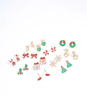 Gold Candy Cane & Bow Stud Earrings 12-Pack