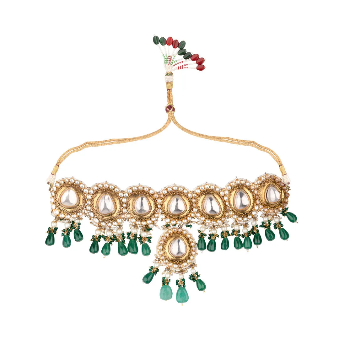 Gold Plated Kundan Polki with Green Beads Drop Choker Necklace & Dangler Earrings Set - VN555